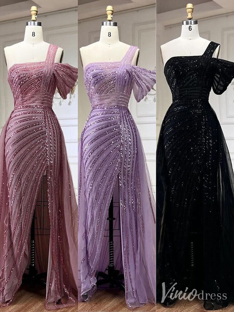 Prom Dress 2025 Beaded Mermaid One Shoulder Prom Dresses with Slit Overskirt Pageant Dress 20234-unique prom dresses-Lavender-US 2-Viniodress