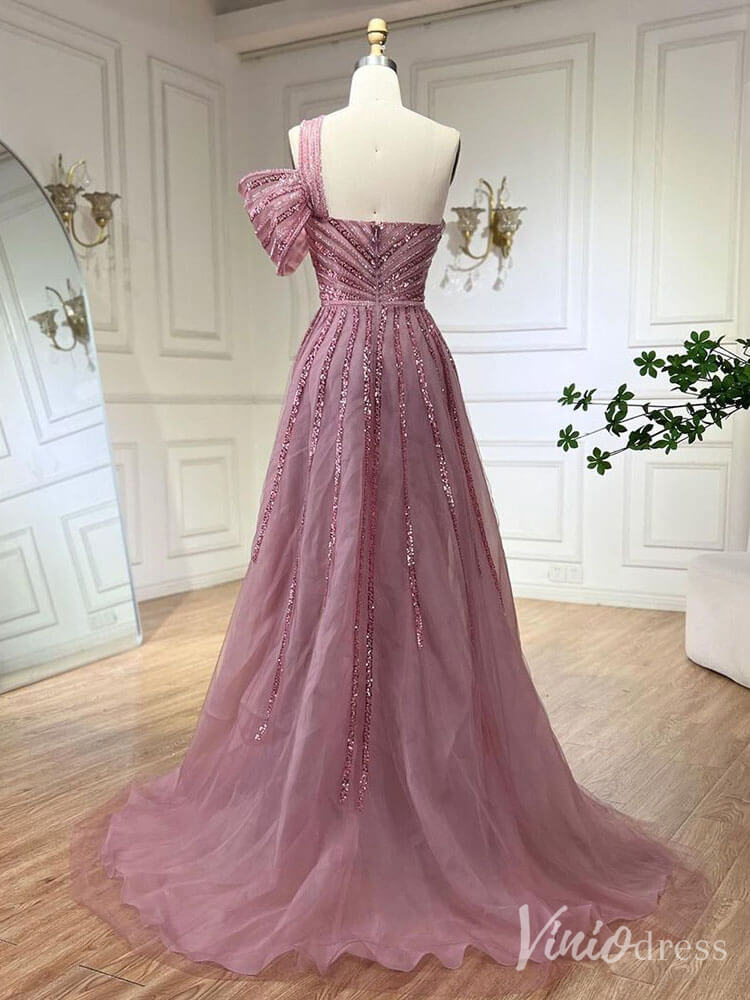 Prom Dress 2025 Beaded Mermaid One Shoulder Prom Dresses with Slit Overskirt Pageant Dress 20234-unique prom dresses-Lavender-US 2-Viniodress