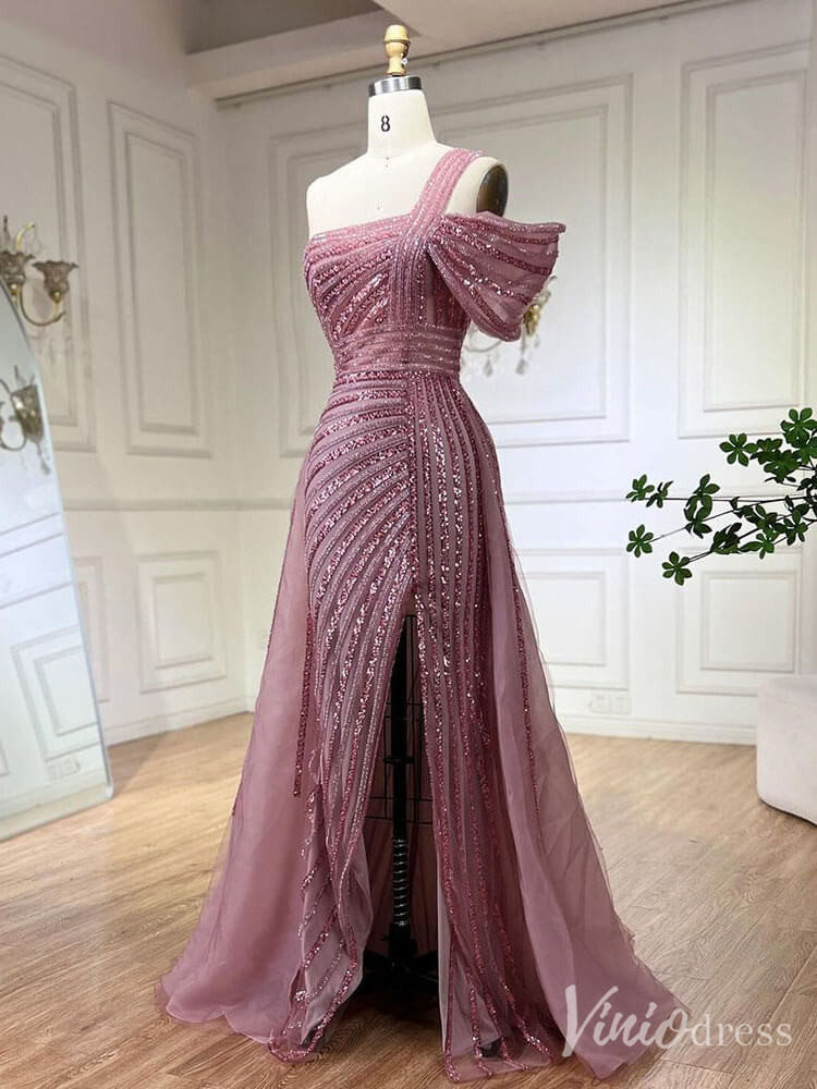 Prom Dress 2025 Beaded Mermaid One Shoulder Prom Dresses with Slit Overskirt Pageant Dress 20234-unique prom dresses-Lavender-US 2-Viniodress