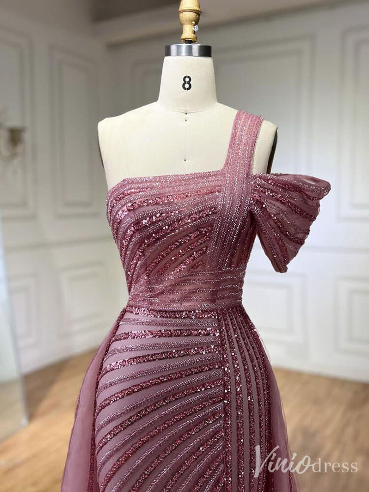 Prom Dress 2025 Beaded Mermaid One Shoulder Prom Dresses with Slit Overskirt Pageant Dress 20234-unique prom dresses-Lavender-US 2-Viniodress