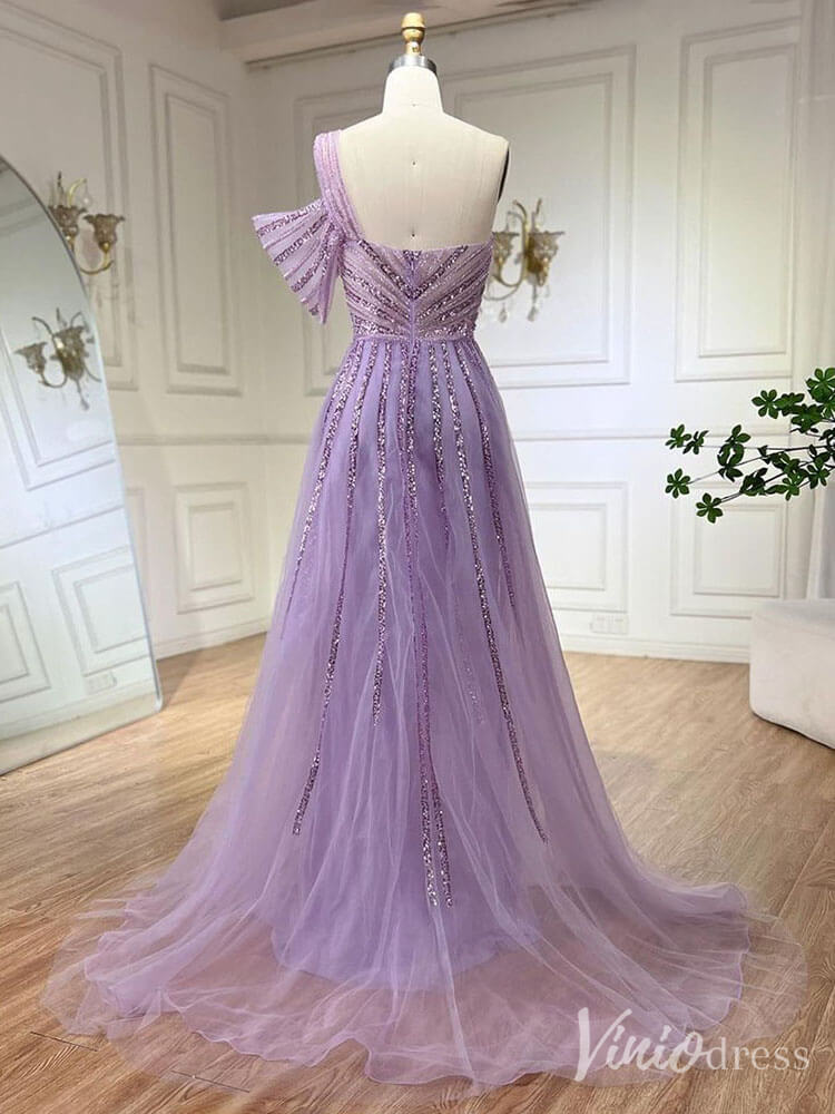 Prom Dress 2025 Beaded Mermaid One Shoulder Prom Dresses with Slit Overskirt Pageant Dress 20234-unique prom dresses-Lavender-US 2-Viniodress