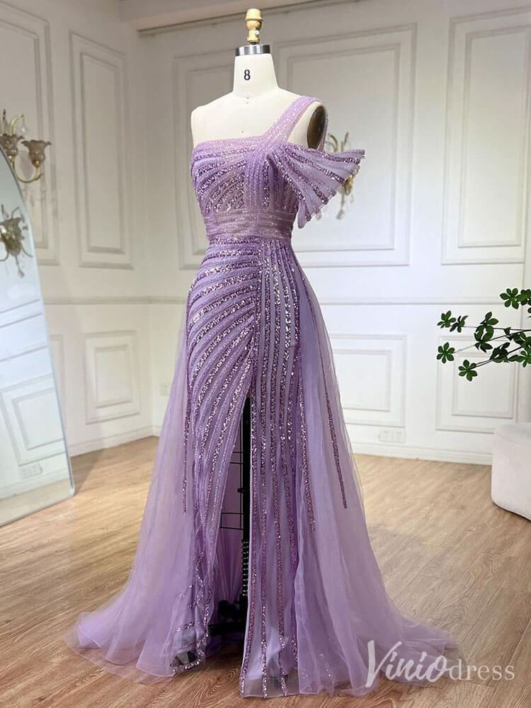 Prom Dress 2025 Beaded Mermaid One Shoulder Prom Dresses with Slit Overskirt Pageant Dress 20234-unique prom dresses-Lavender-US 2-Viniodress