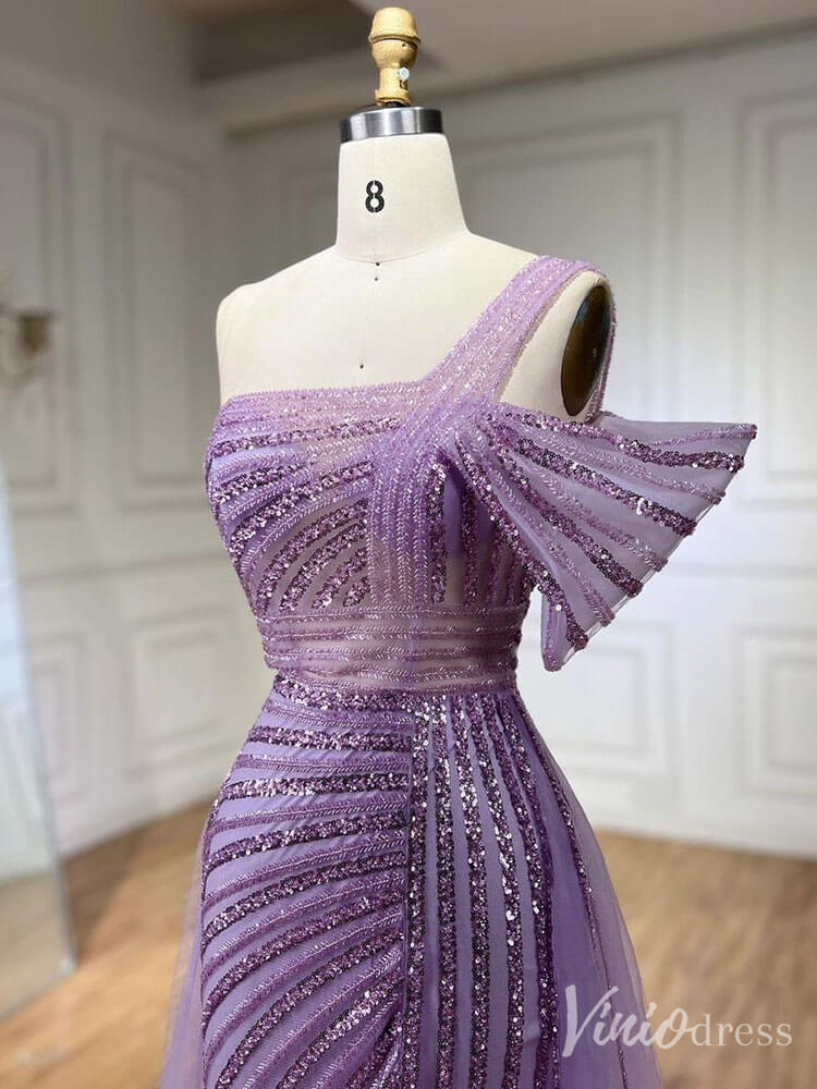 Prom Dress 2025 Beaded Mermaid One Shoulder Prom Dresses with Slit Overskirt Pageant Dress 20234-unique prom dresses-Lavender-US 2-Viniodress