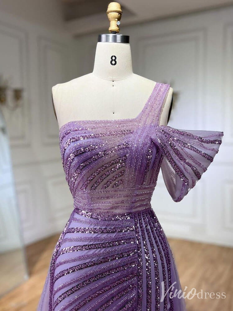 Prom Dress 2025 Beaded Mermaid One Shoulder Prom Dresses with Slit Overskirt Pageant Dress 20234-unique prom dresses-Lavender-US 2-Viniodress