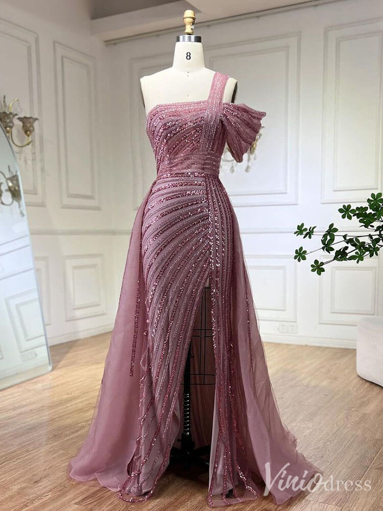 Prom Dress 2025 Beaded Mermaid One Shoulder Prom Dresses with Slit Overskirt Pageant Dress 20234-unique prom dresses-Pink-US 2-Viniodress