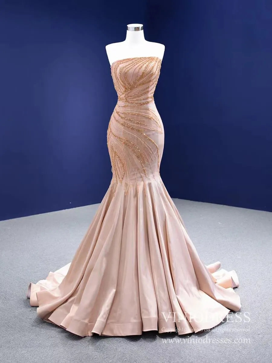 Beaded Mermaid Prom Dresses Strapless Pageant Dress 67320 viniodress-prom dresses 2025 -Viniodress-Rose Gold-Custom Size-