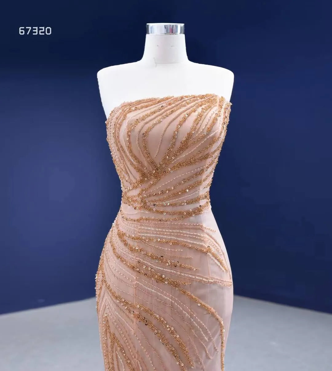 Beaded Mermaid Prom Dresses Strapless Pageant Dress 67320 viniodress-prom dresses 2025 -Viniodress-Rose Gold-Custom Size-
