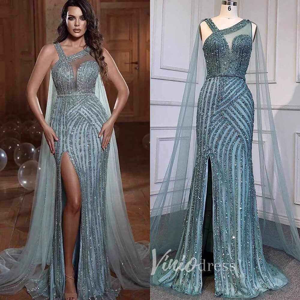 Beaded Mermaid Prom Dresses with Detachable Cape Evening Dress 20015-Evening Dresses 2025 -Viniodress-As Picture-US 2-
