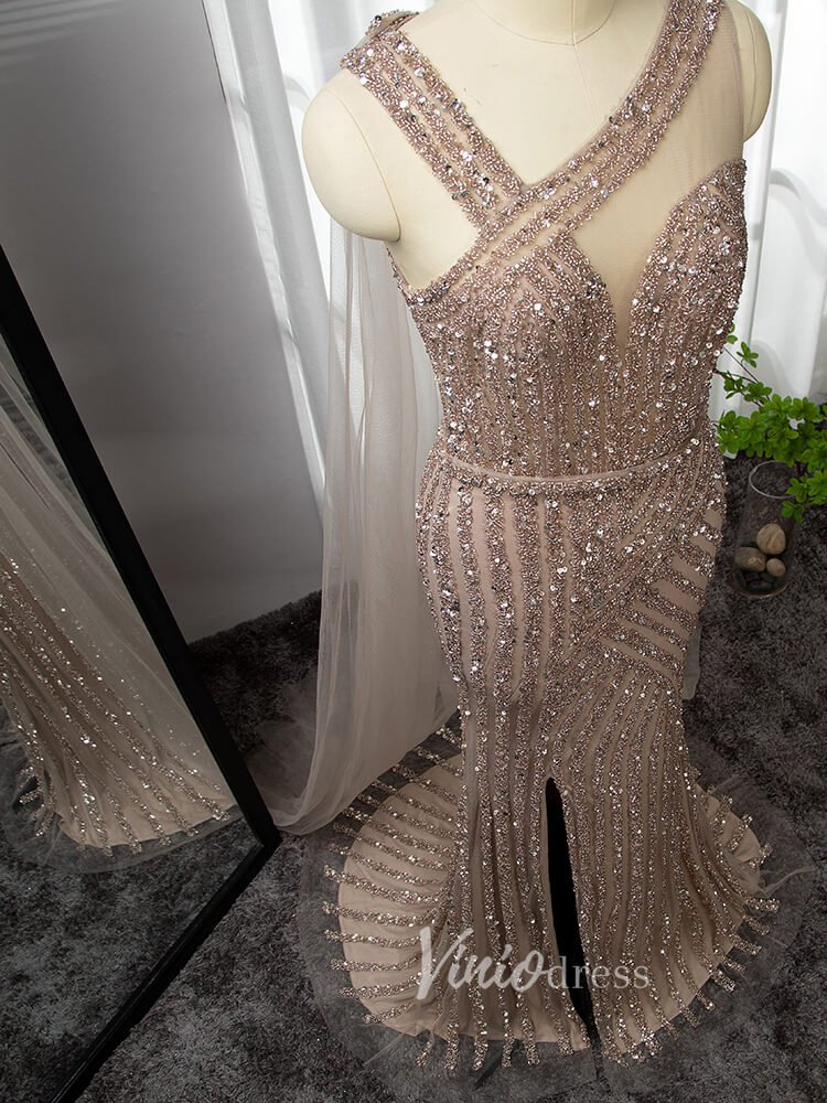 Beaded Mermaid Prom Dresses with Detachable Cape Evening Dress 20015-Evening Dresses 2025 -Viniodress-As Picture-US 2-