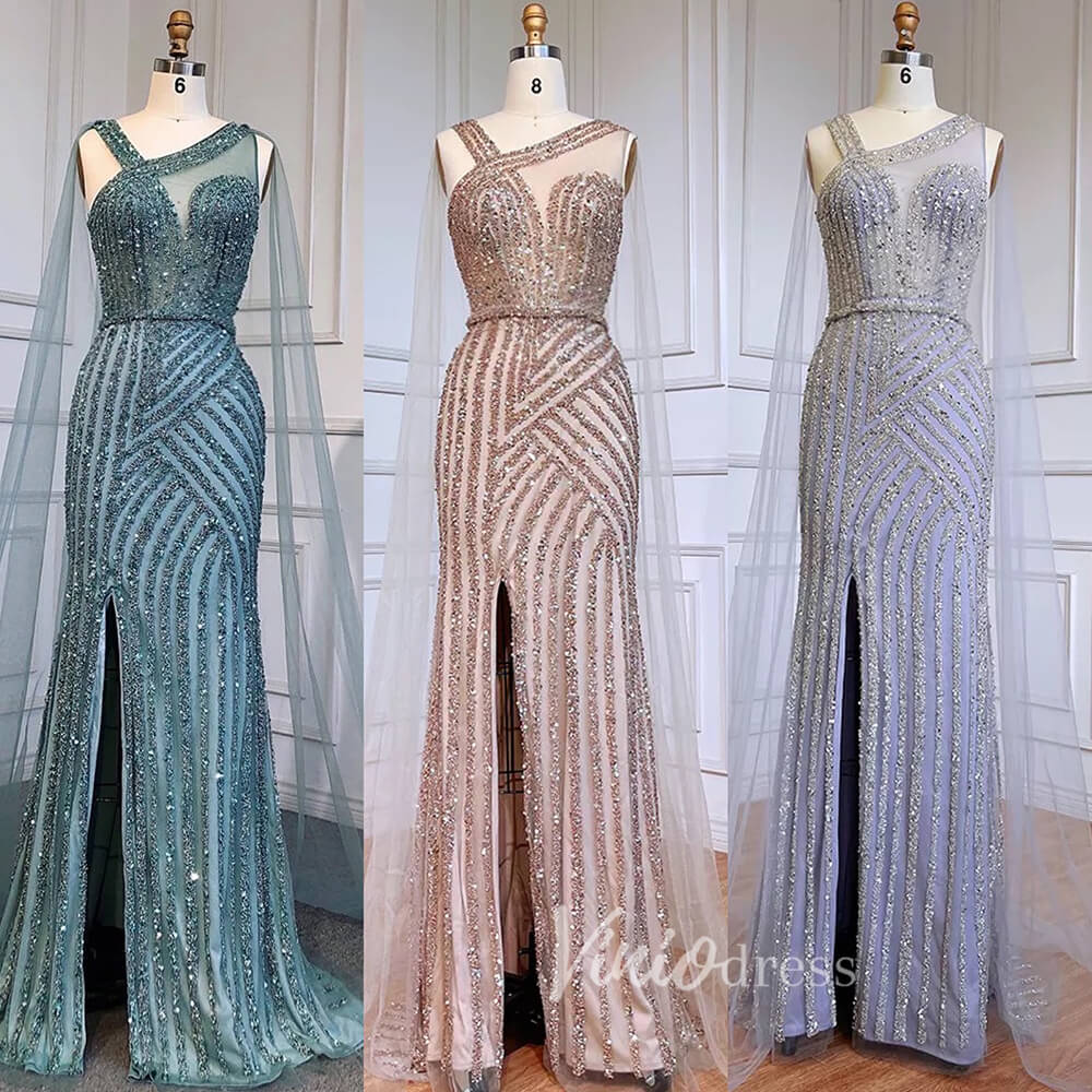 Prom Dress 2025 Beaded Mermaid Prom Dresses with Detachable Cape Evening Dress 20015-unique prom dresses-As Picture-US 2-Viniodress