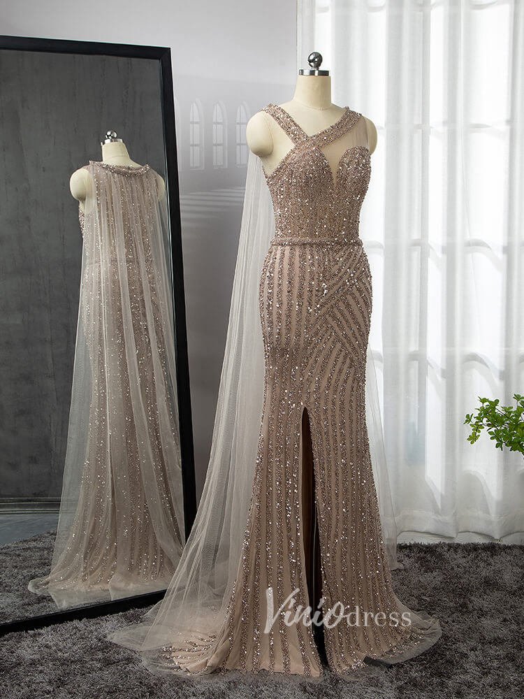 Prom Dress 2025 Beaded Mermaid Prom Dresses with Detachable Cape Evening Dress 20015-unique prom dresses-Taupe-US 2-Viniodress