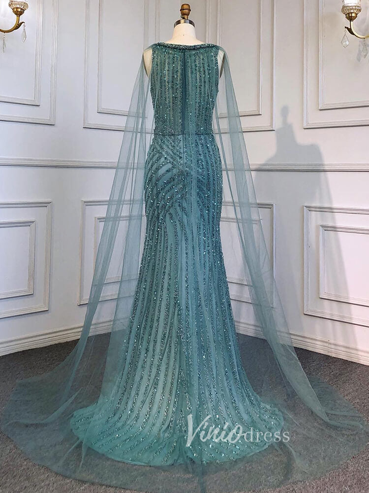 Prom Dress 2025 Beaded Mermaid Prom Dresses with Detachable Cape Evening Dress 20015-unique prom dresses-As Picture-US 2-Viniodress