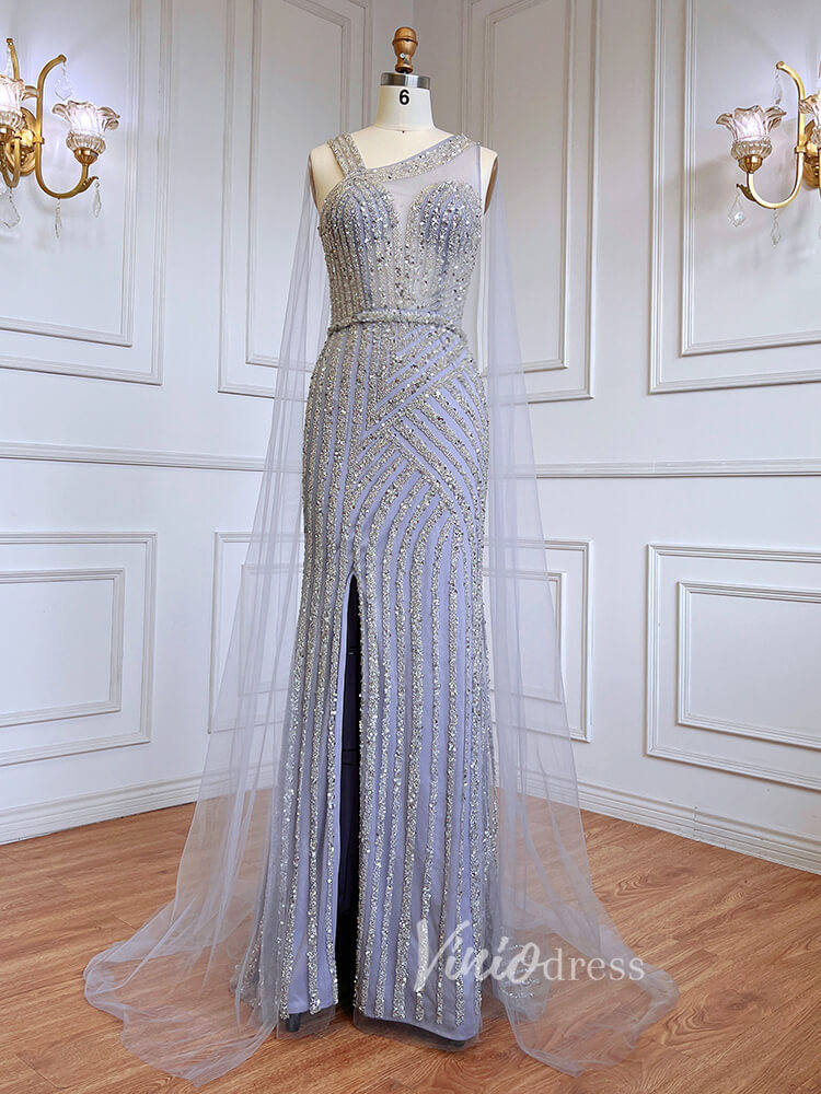 Prom Dress 2025 Beaded Mermaid Prom Dresses with Detachable Cape Evening Dress 20015-unique prom dresses-Grey-US 2-Viniodress