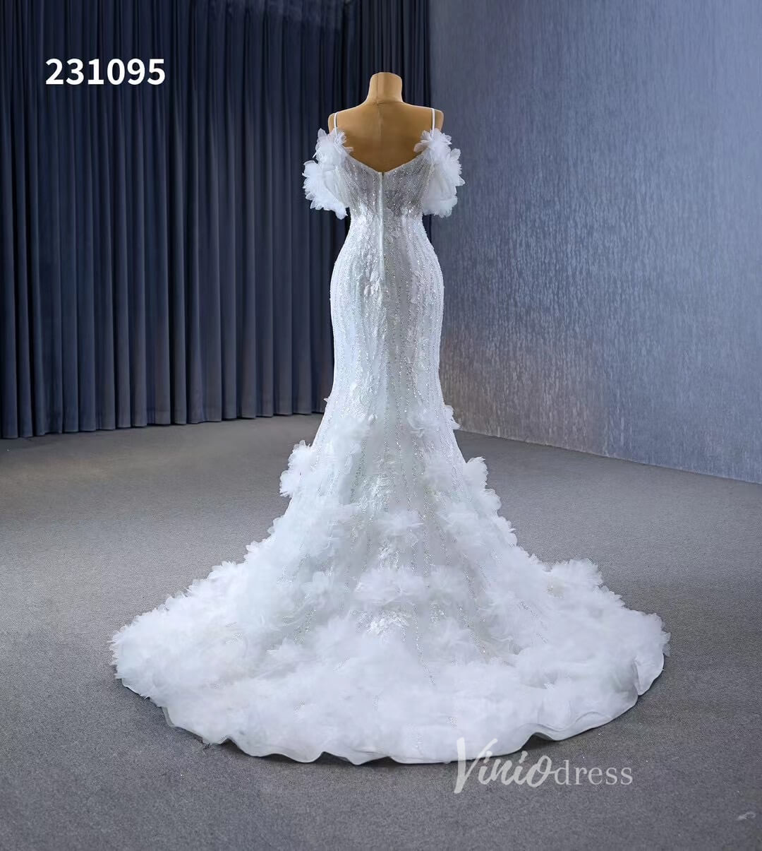 Beaded Mermaid Ruffle Wedding Dresses Spaghetti Strap Wedding Gown 231095-wedding dresses 2025 -Viniodress-Ivory-Custom Size-