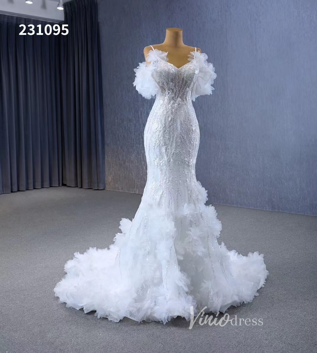 Beaded Mermaid Ruffle Wedding Dresses Spaghetti Strap Wedding Gown 231095-wedding dresses 2025 -Viniodress-Ivory-Custom Size-