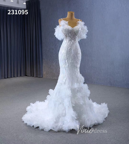 Beaded Mermaid Ruffle Wedding Dresses Spaghetti Strap Wedding Gown 231095-wedding dresses 2025 -Viniodress-Ivory-Custom Size-