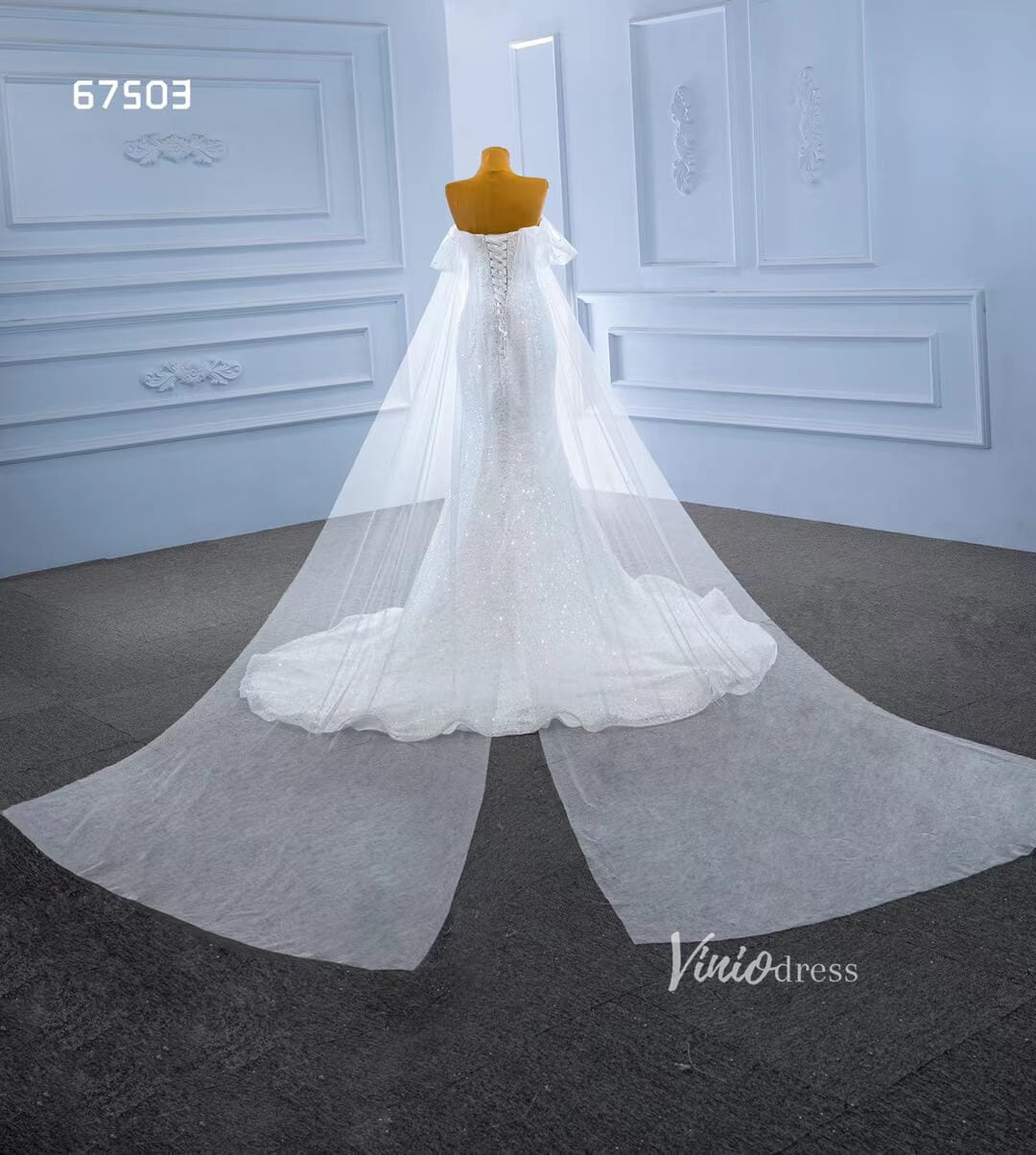 Beaded Mermaid Wedding Dress with Long Cape Sleeve 67503-wedding dresses 2025 -Viniodress-Ivory-Custom Size-