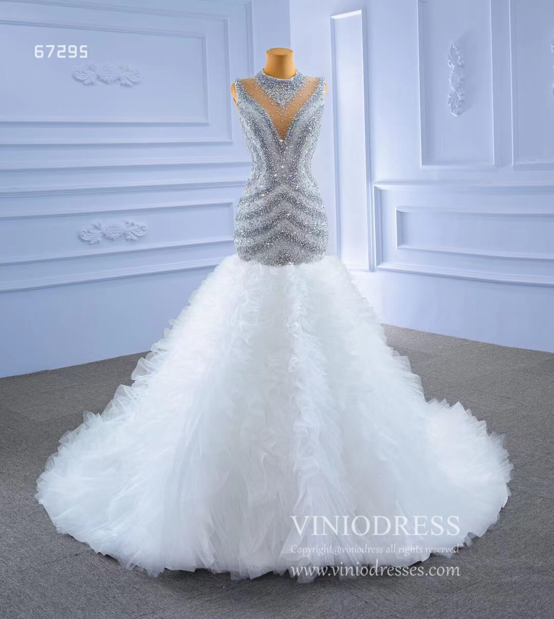 Beaded Mermaid Wedding Dresses High Neck Trumpet Bridal Dress 67295-wedding dresses 2025 -Viniodress-As Picture-Custom Size-