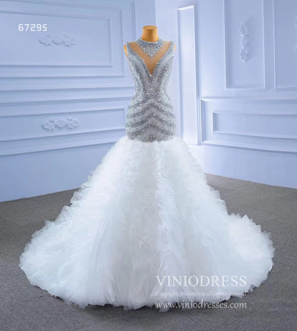 Beaded Mermaid Wedding Dresses High Neck Trumpet Bridal Dress 67295-wedding dresses 2025 -Viniodress-As Picture-Custom Size-