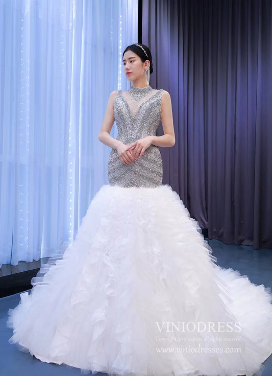 Beaded Mermaid Wedding Dresses High Neck Trumpet Bridal Dress 67295-wedding dresses 2025 -Viniodress-As Picture-Custom Size-