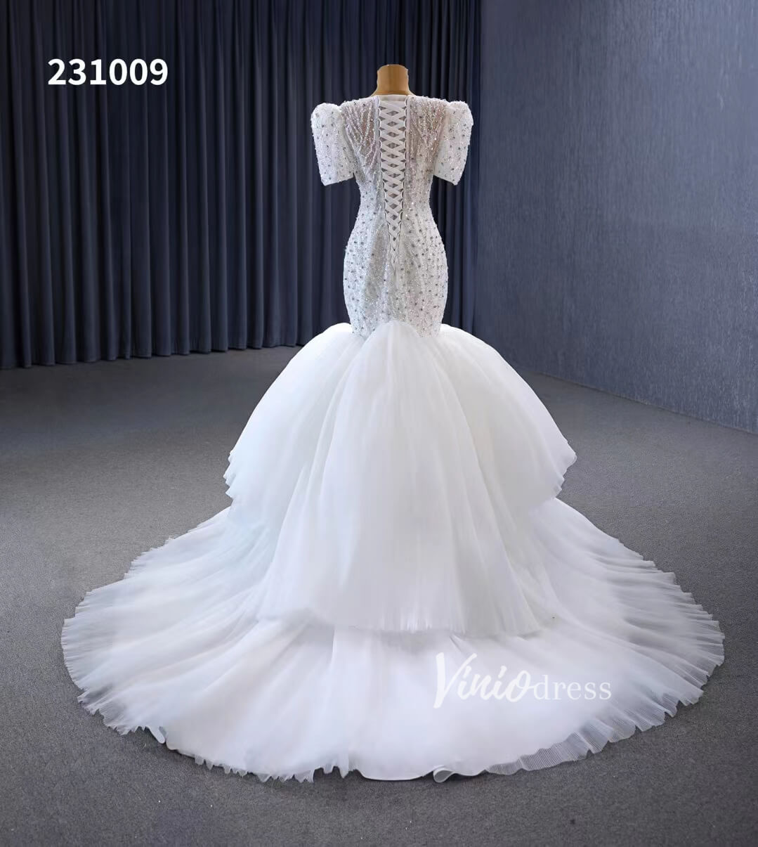 Beaded Mermaid Wedding Dresses Puffed Sleeve Bridal Dress 231009-wedding dresses 2025 -Viniodress-Ivory-Custom Size-