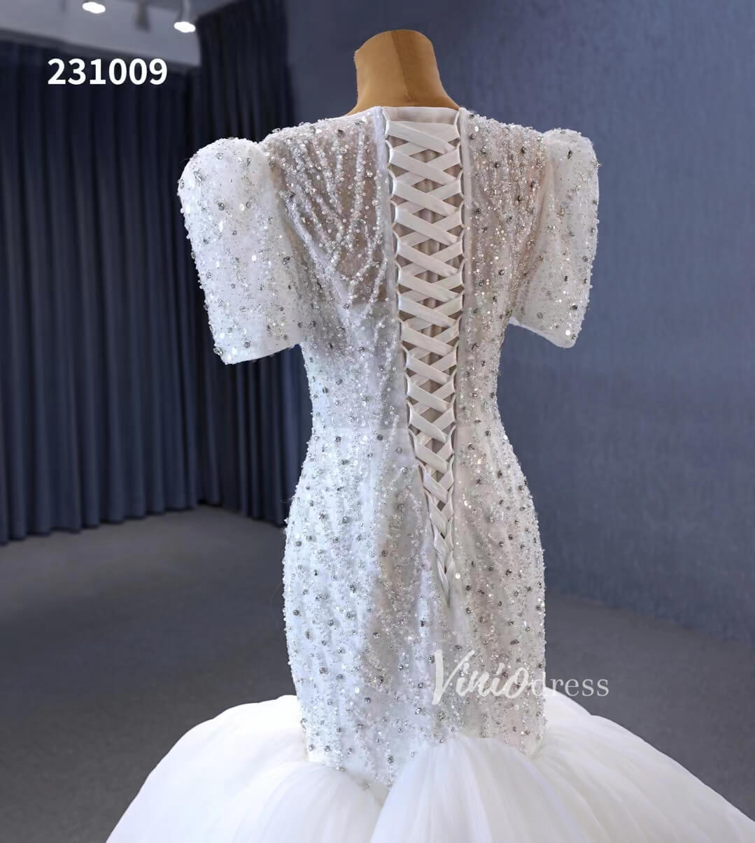 Beaded Mermaid Wedding Dresses Puffed Sleeve Bridal Dress 231009-wedding dresses 2025 -Viniodress-Ivory-Custom Size-