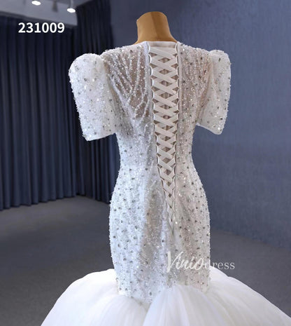 Beaded Mermaid Wedding Dresses Puffed Sleeve Bridal Dress 231009-wedding dresses 2025 -Viniodress-Ivory-Custom Size-