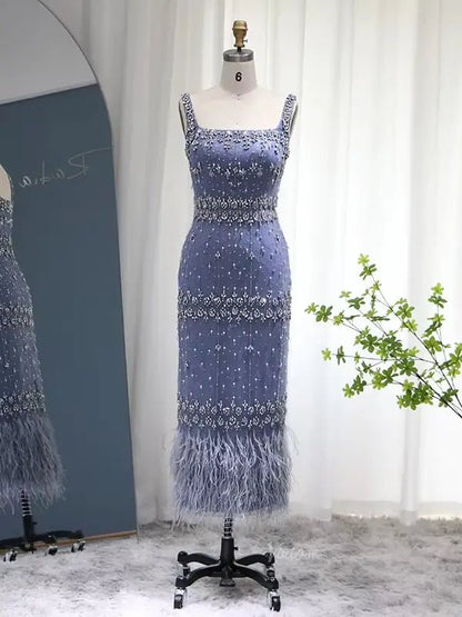 Beaded Midi Prom Dresses with Long Sleeves, Square Neck Ankle Length Formal Dress 20058-Evening Dresses 2025 -Viniodress-Blue-US 2-