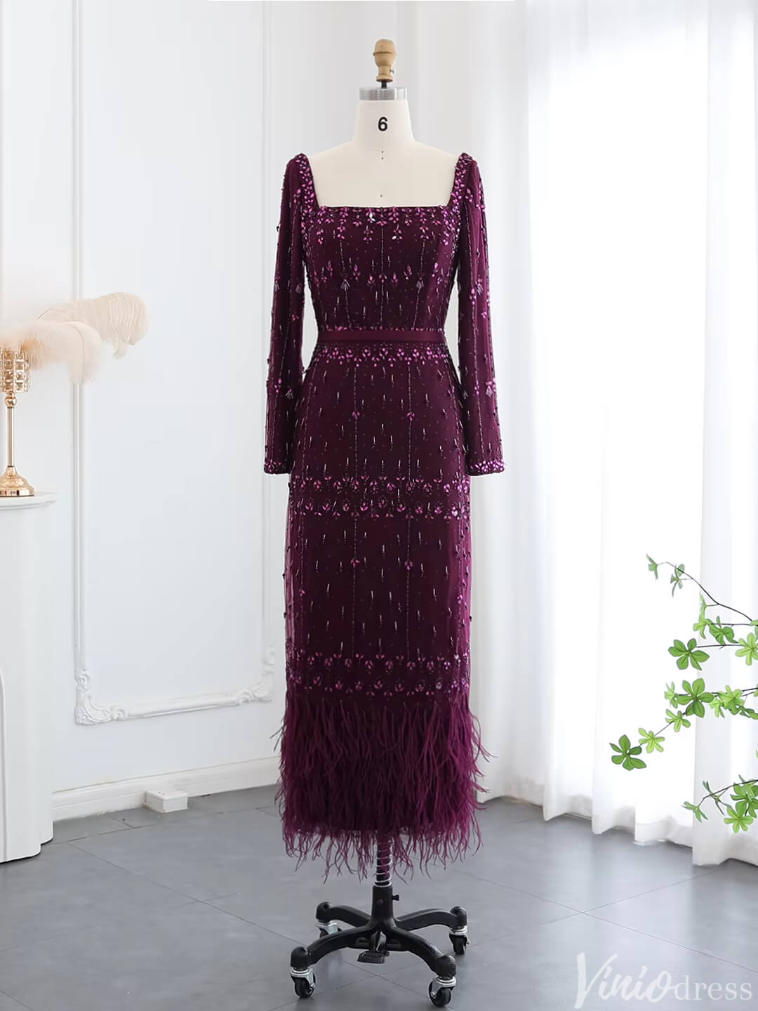 Beaded Midi Prom Dresses with Long Sleeves, Square Neck Ankle Length Formal Dress 20058-Evening Dresses 2025 -Viniodress-Plum-US 2-