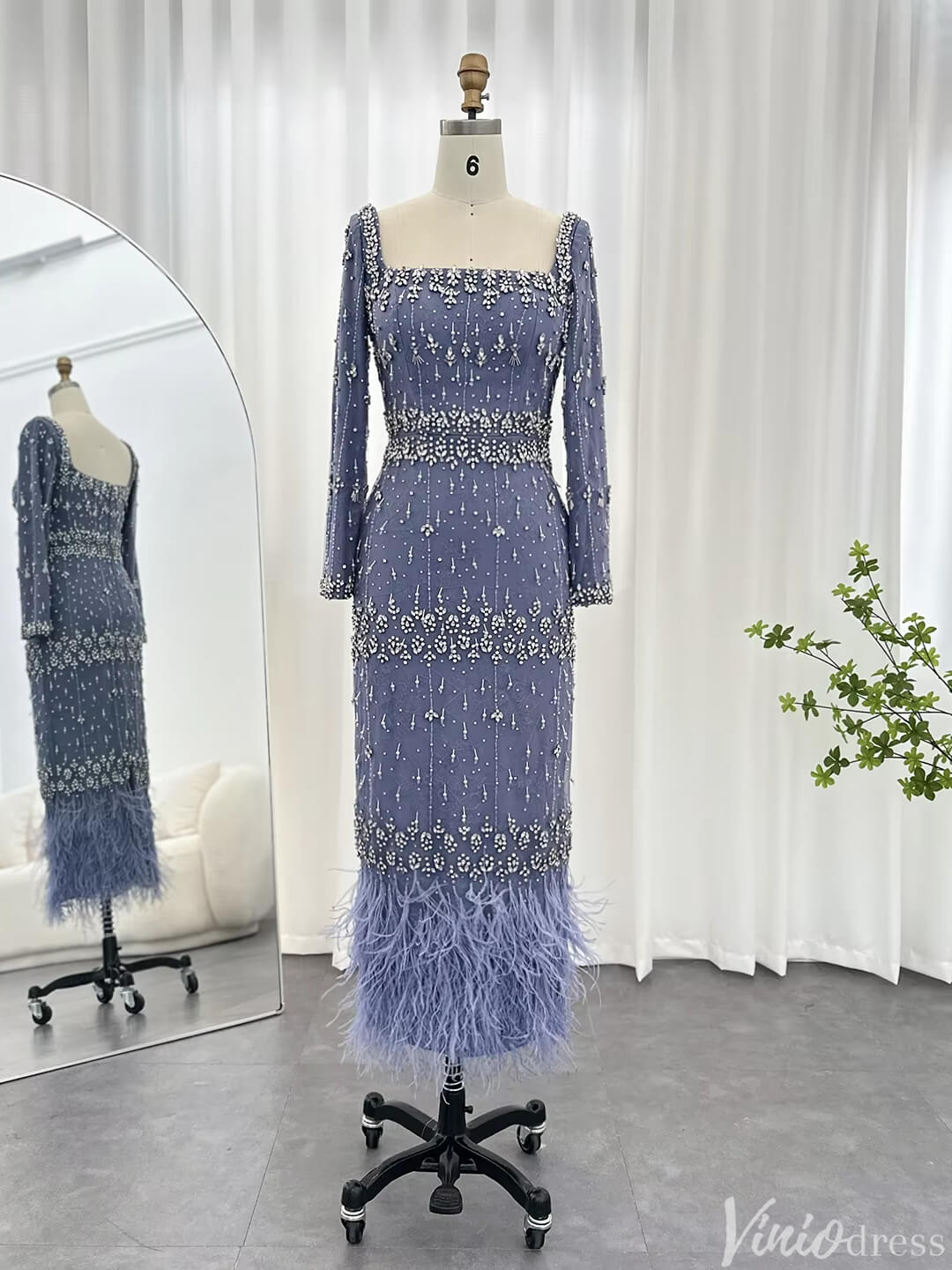 Beaded Midi Prom Dresses with Long Sleeves, Square Neck Ankle Length Formal Dress 20058-Evening Dresses 2025 -Viniodress-Dusty Blue-US 2-