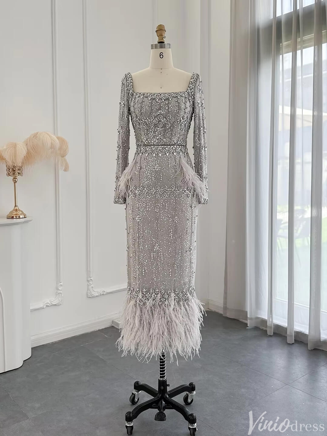 Beaded Midi Prom Dresses with Long Sleeves, Square Neck Ankle Length Formal Dress 20058-Evening Dresses 2025 -Viniodress-Silver-US 2-