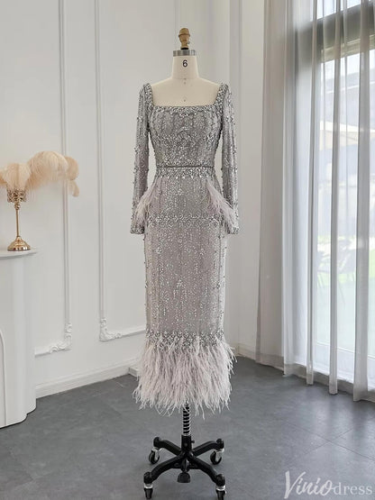 Beaded Midi Prom Dresses with Long Sleeves, Square Neck Ankle Length Formal Dress 20058-Evening Dresses 2025 -Viniodress-Silver-US 2-