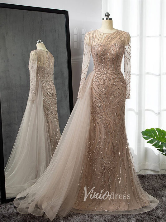 Beaded Mother of the Bride Dresses Long Sleeve Taupe Evening Gowns 20022-Evening Dresses 2025 -Viniodress-Taupe-US 2-