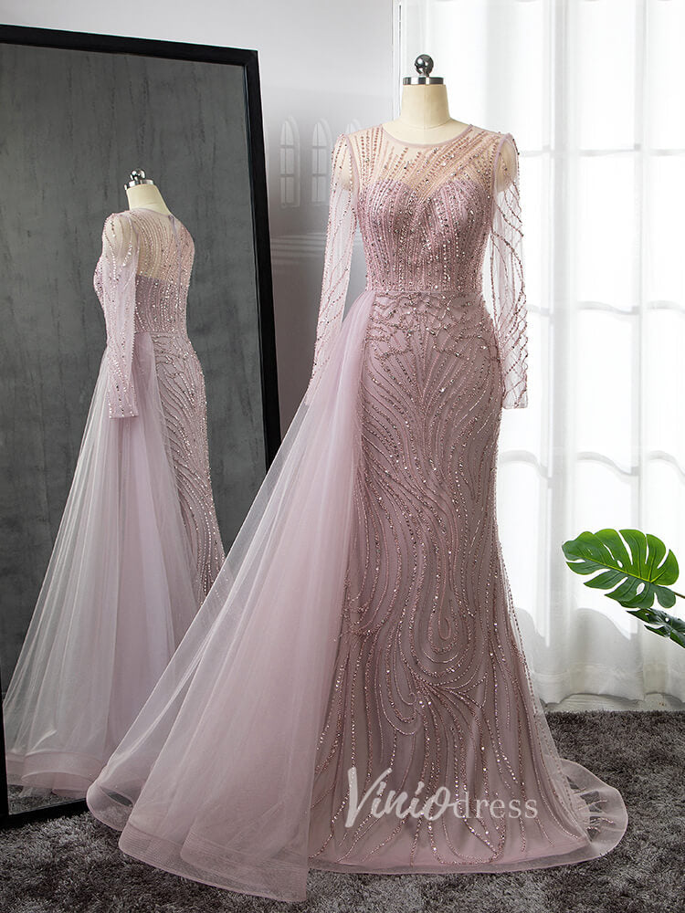 Prom Dress 2025 Beaded Mother of the Bride Dresses Long Sleeve Taupe Evening Gowns 20022-unique prom dresses-Pink-US 2-Viniodress