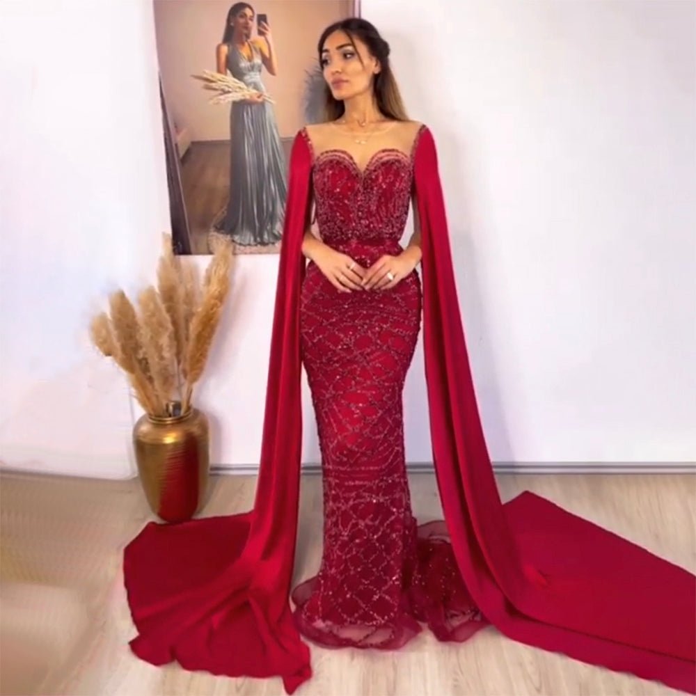 Beaded Navy Blue Mother of the Bride Dress Extra Long Cape Sleeve Evening Dresses 20054-Evening Dresses 2025 -Viniodress-Burgundy-US 2-