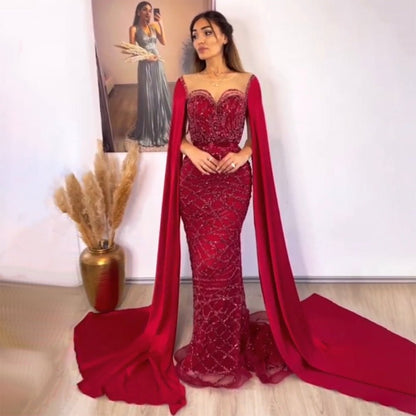 Beaded Navy Blue Mother of the Bride Dress Extra Long Cape Sleeve Evening Dresses 20054-Evening Dresses 2025 -Viniodress-Burgundy-US 2-