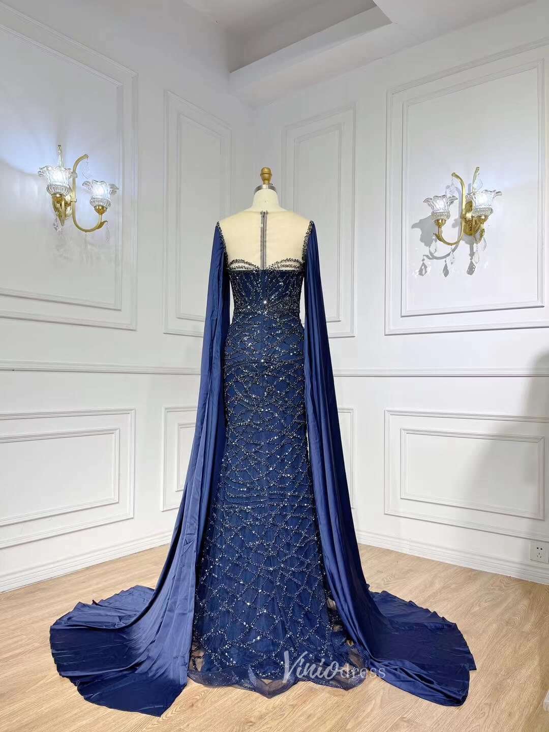 Beaded Navy Blue Mother of the Bride Dress Extra Long Cape Sleeve Evening Dresses 20054-Evening Dresses 2025 -Viniodress-Green-US 2-
