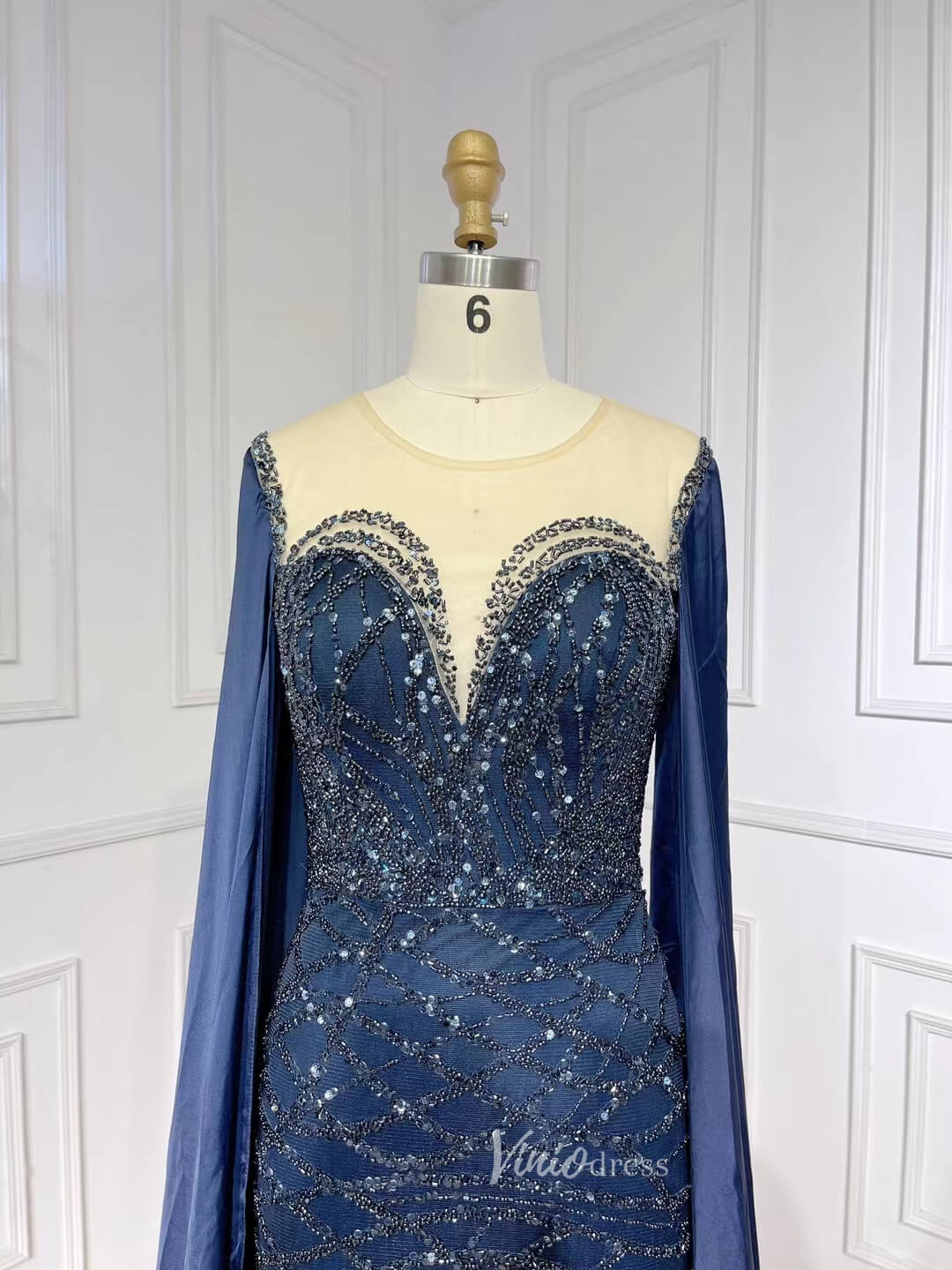 Beaded Navy Blue Mother of the Bride Dress Extra Long Cape Sleeve Evening Dresses 20054-Evening Dresses 2025 -Viniodress-Green-US 2-