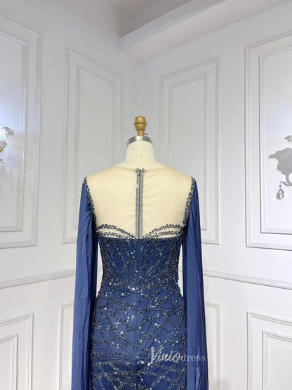 Beaded Navy Blue Mother of the Bride Dress Extra Long Cape Sleeve Evening Dresses 20054-Evening Dresses 2025 -Viniodress-Green-US 2-