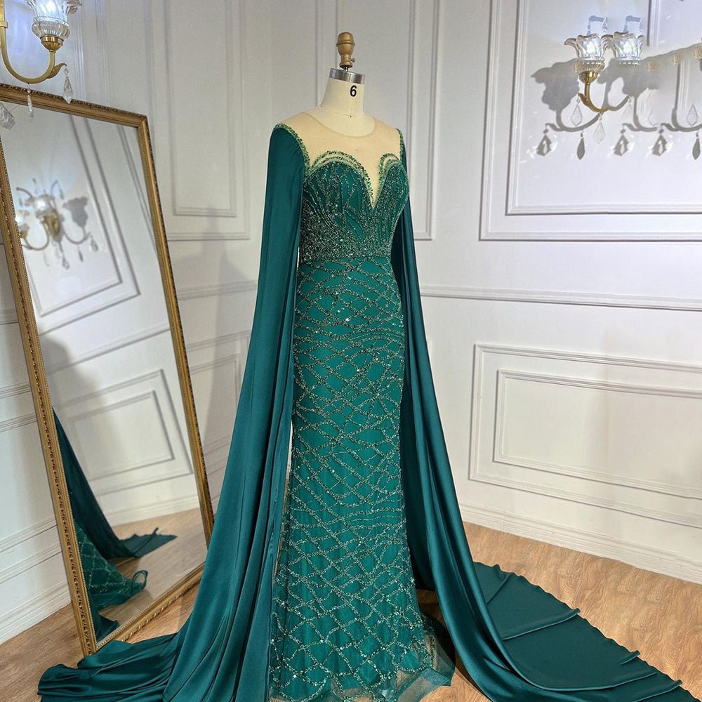 Beaded Navy Blue Mother of the Bride Dress Extra Long Cape Sleeve Evening Dresses 20054-Evening Dresses 2025 -Viniodress-Green-US 2-