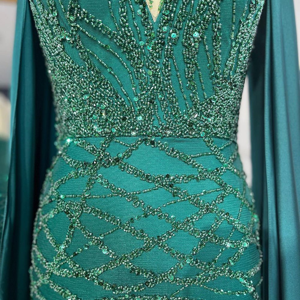 Beaded Navy Blue Mother of the Bride Dress Extra Long Cape Sleeve Evening Dresses 20054-Evening Dresses 2025 -Viniodress-Green-US 2-