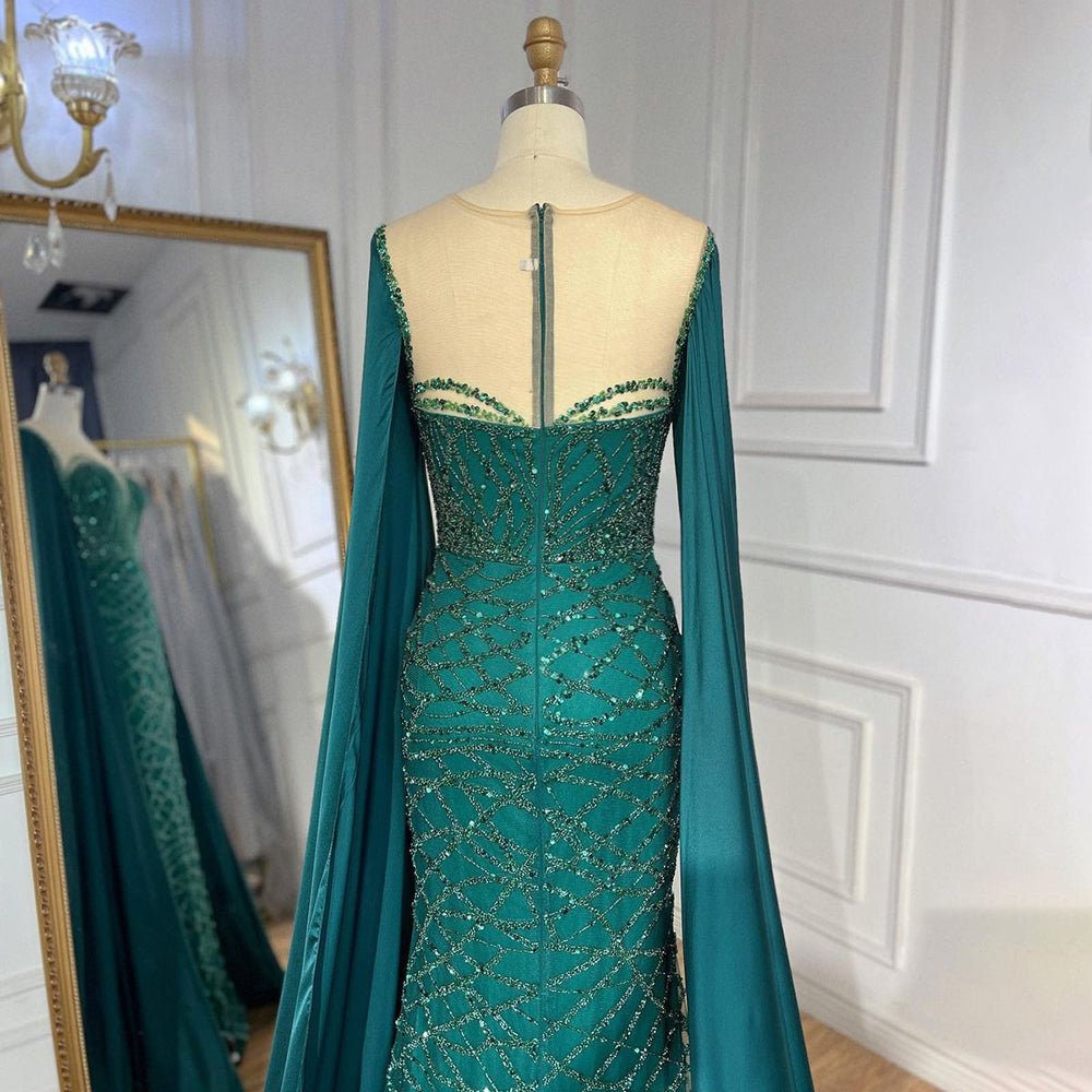 Beaded Navy Blue Mother of the Bride Dress Extra Long Cape Sleeve Evening Dresses 20054-Evening Dresses 2025 -Viniodress-Green-US 2-