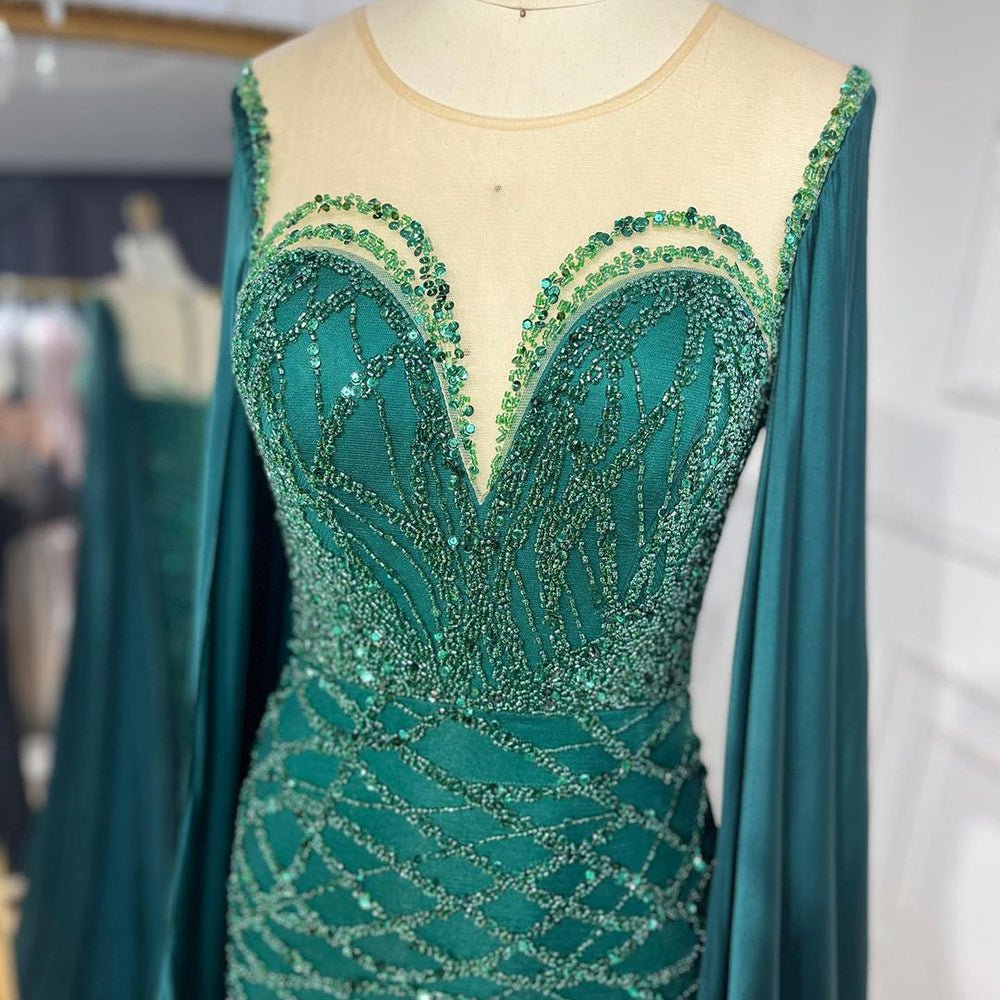 Beaded Navy Blue Mother of the Bride Dress Extra Long Cape Sleeve Evening Dresses 20054-Evening Dresses 2025 -Viniodress-Green-US 2-