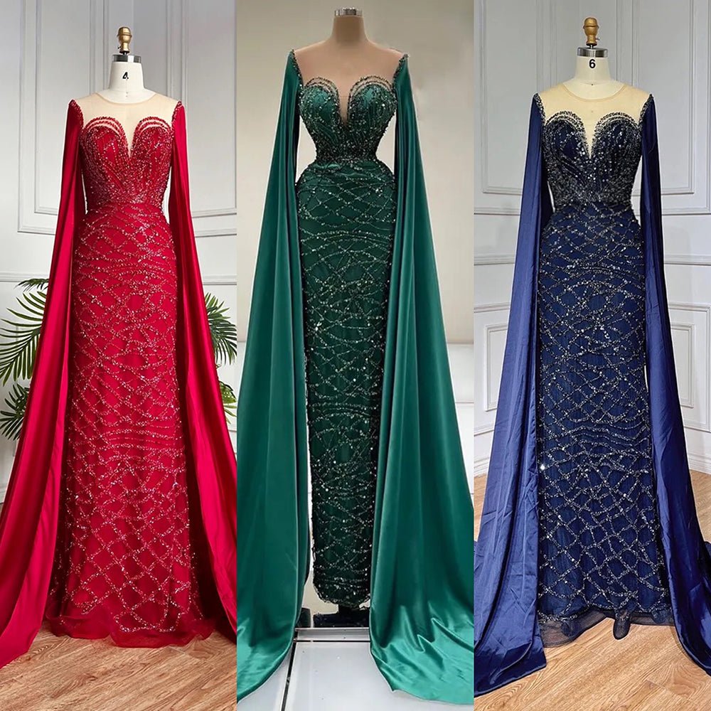 Beaded Navy Blue Mother of the Bride Dress Extra Long Cape Sleeve Evening Dresses 20054-Evening Dresses 2025 -Viniodress-Green-US 2-