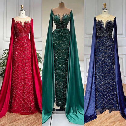 Beaded Navy Blue Mother of the Bride Dress Extra Long Cape Sleeve Evening Dresses 20054-Evening Dresses 2025 -Viniodress-Green-US 2-