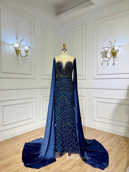 Beaded Navy Blue Mother of the Bride Dress Extra Long Cape Sleeve Evening Dresses 20054-Evening Dresses 2025 -Viniodress-Nave Blue-US 2-