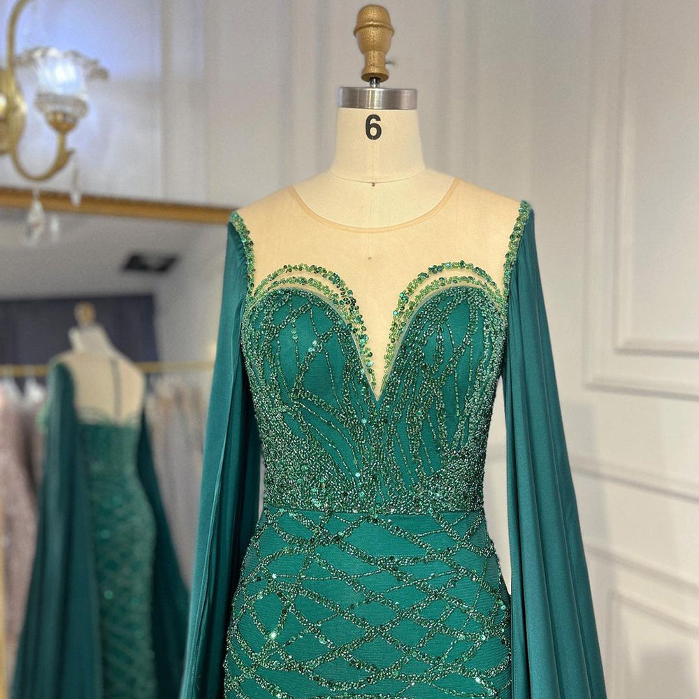 Prom Dress 2025 Beaded Navy Blue Mother of the Bride Dress Extra Long Cape Sleeve Evening Dresses 20054-unique prom dresses-Green-US 2-Viniodress