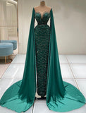Beaded Navy Blue Mother of the Bride Dress Extra Long Cape Sleeve Evening Dresses 20054