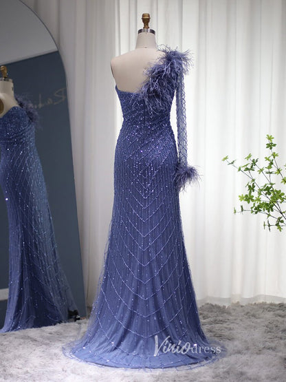 Beaded Navy Blue Prom Dresses One Shoulder Feather Long Sleeve Evening Dress 2008-Evening Dresses 2025 -Viniodress-Blue-US 2-