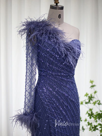 Beaded Navy Blue Prom Dresses One Shoulder Feather Long Sleeve Evening Dress 2008-Evening Dresses 2025 -Viniodress-Blue-US 2-